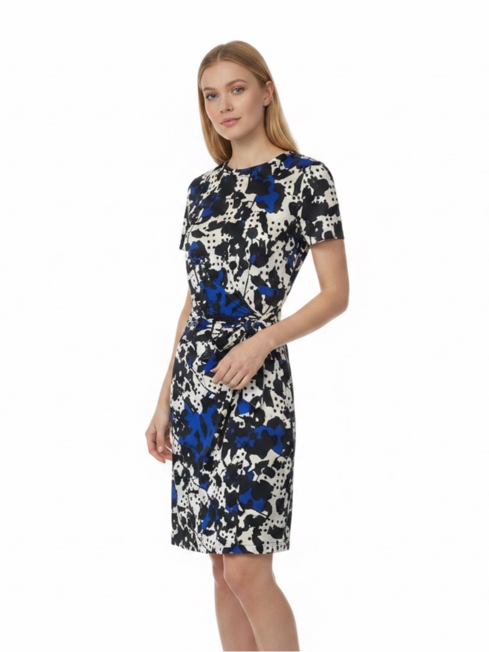 Diane Von Furstenberg Blue, Black & White Abstract Tie-Waist Dress
